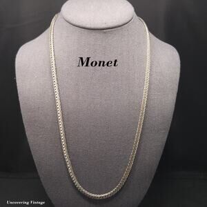 Monet Wheat Chain Necklace, Rhodium Plated, 24 Inches, 1980s Vintage Jewelry